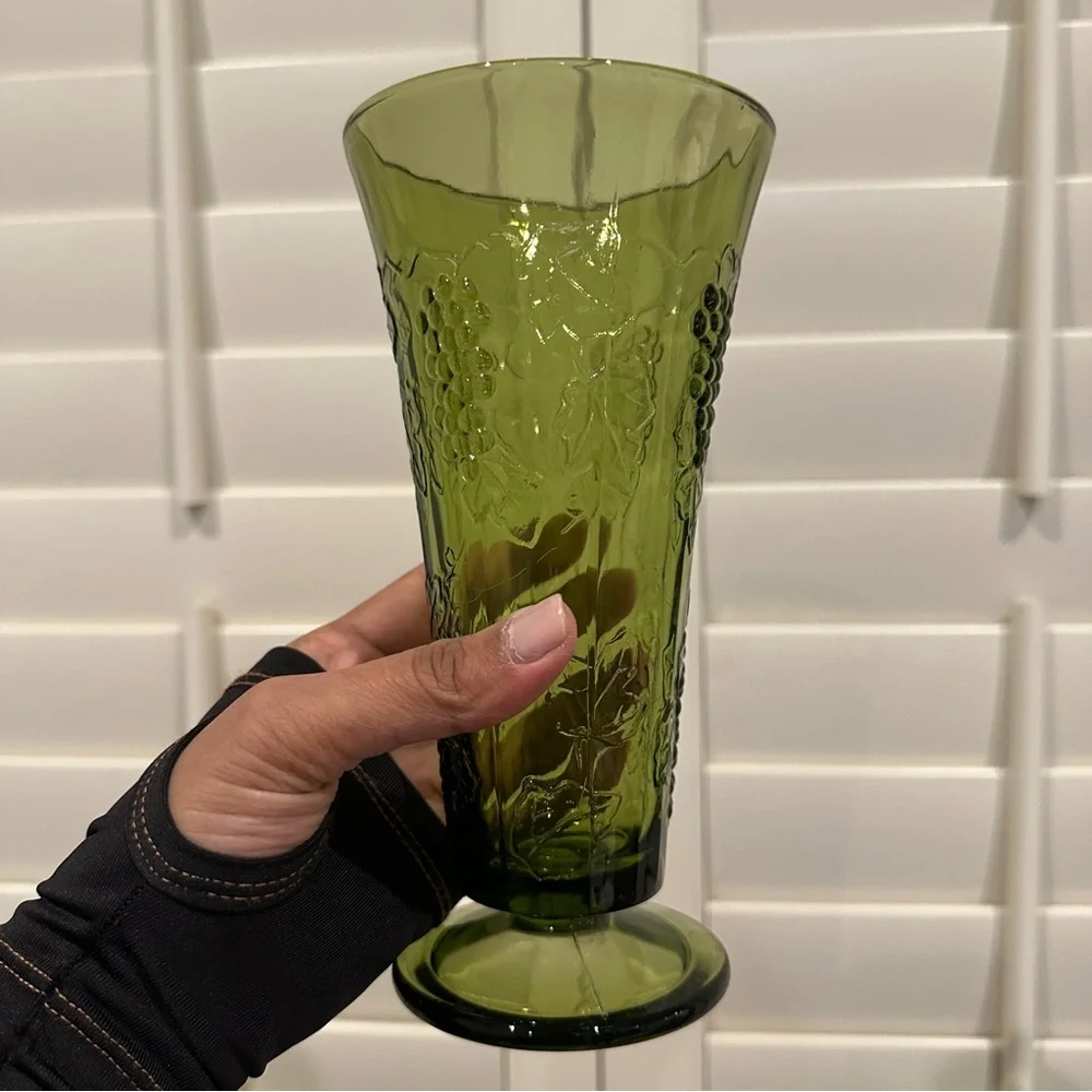 Vintage Green Indiana Glass Pedestal Vase with Grape Vine Design size 7.5”
